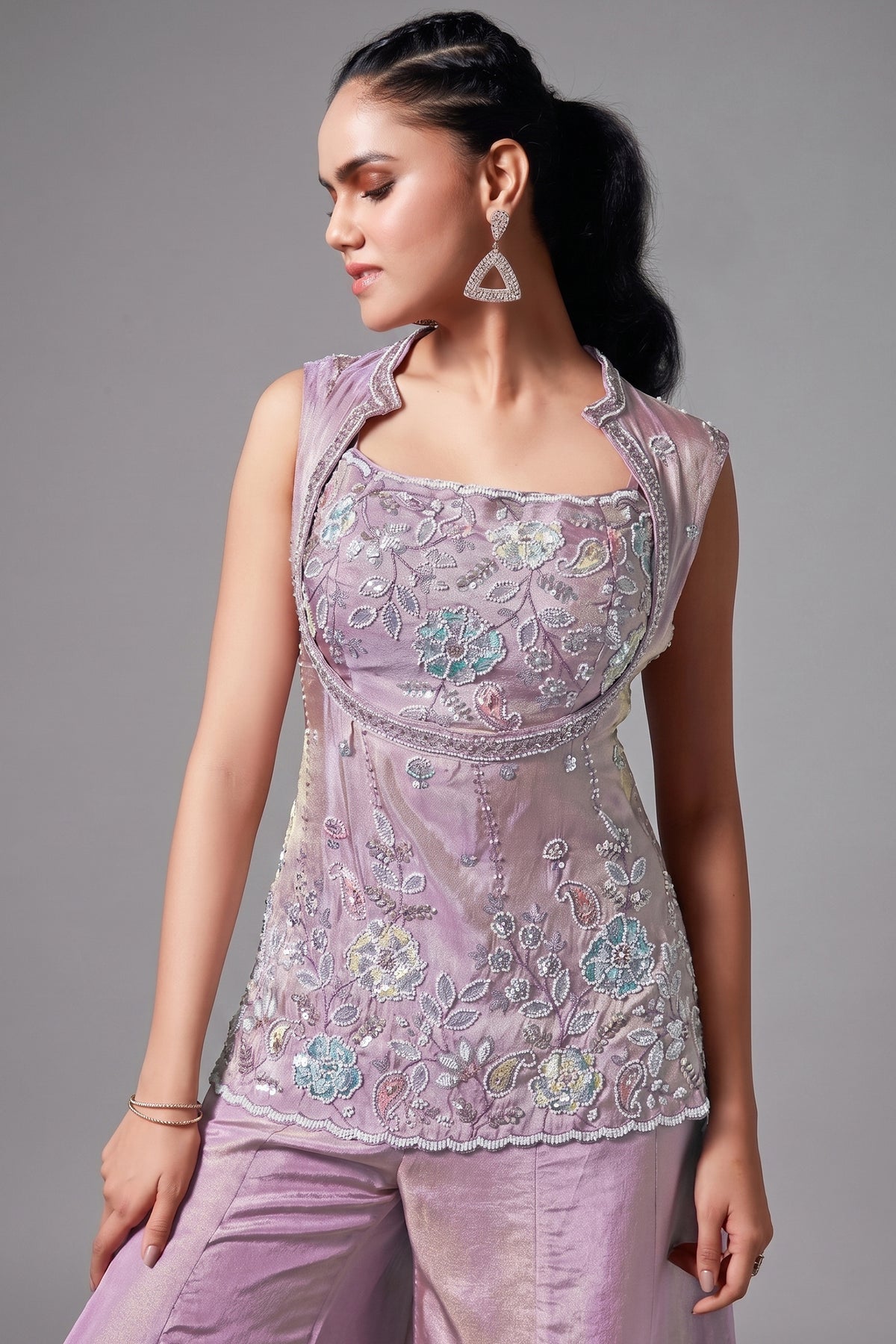 Lilac Purple Tissue Silk Sequin Beaded Palazzo Set