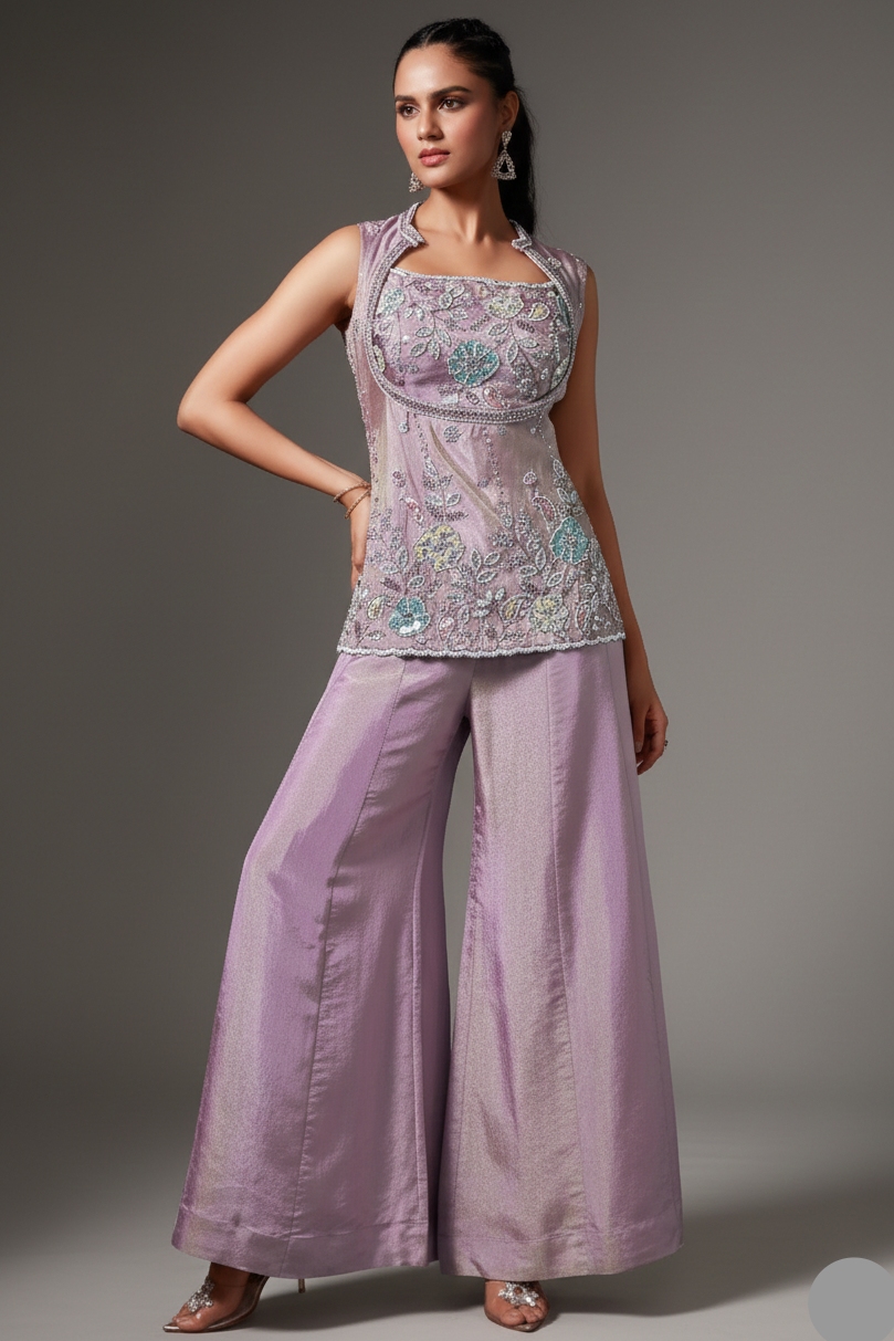 Lilac Purple Tissue Silk Sequin Beaded Palazzo Set