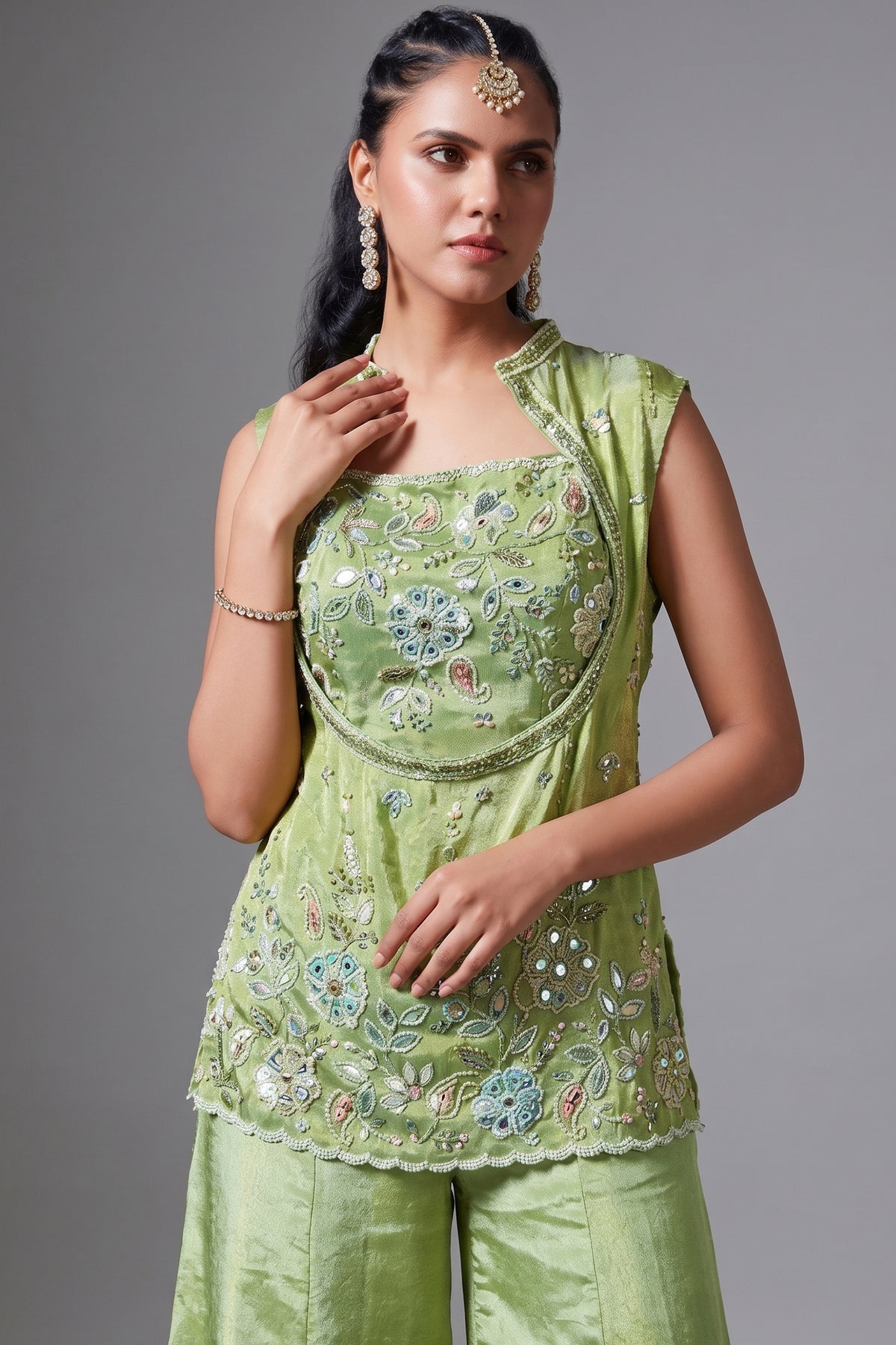 Green Tissue Silk Sequin Beaded Palazzo Set
