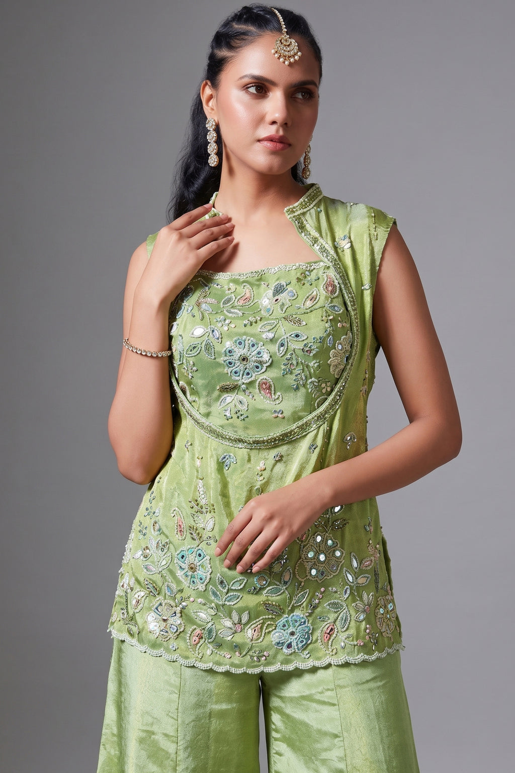 Green Tissue Silk Sequin Beaded Palazzo Set