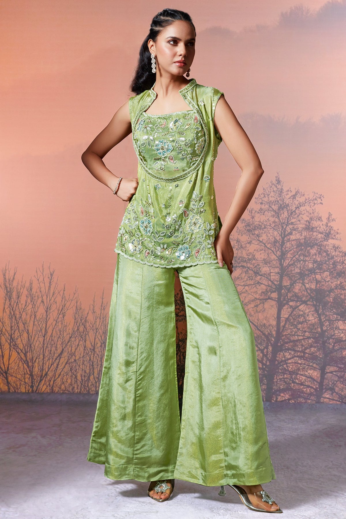 Green Tissue Silk Sequin Beaded Palazzo Set