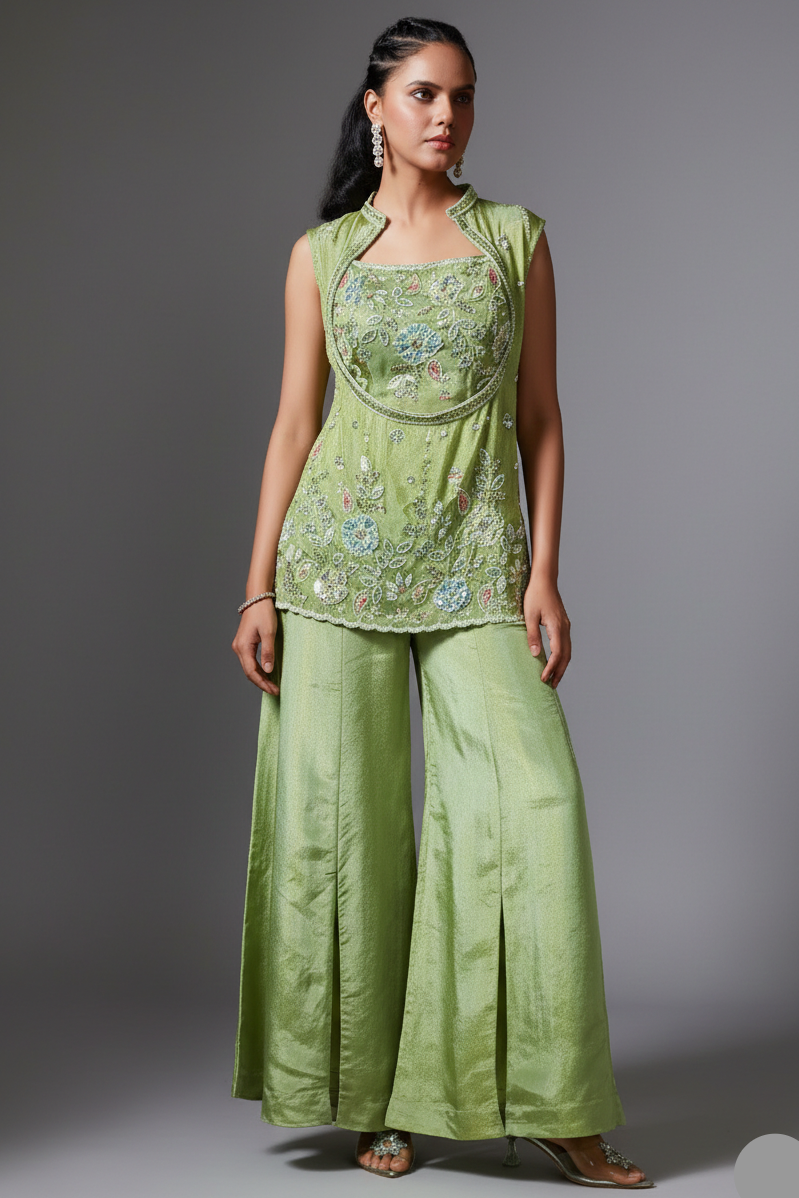 Green Tissue Silk Sequin Beaded Palazzo Set
