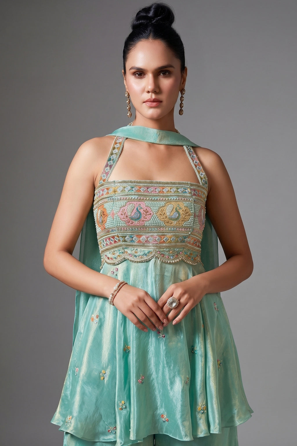 Sea Green Crepe Tissue Silk Halter Neck Embroidered Palazzo Suit