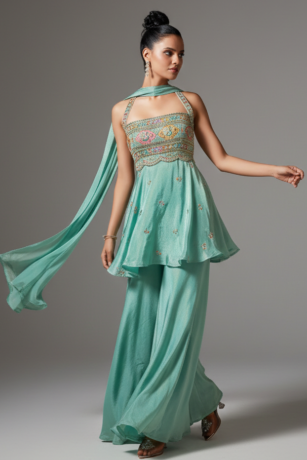 Sea Green Crepe Tissue Silk Halter Neck Embroidered Palazzo Suit