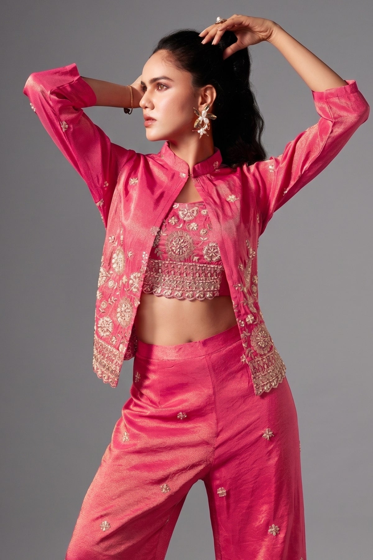 Pink Tissue Silk Crop Top Palazzo Set with Sequin Beaded Jacket
