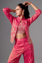 Pink Tissue Silk Crop Top Palazzo Set with Sequin Beaded Jacket