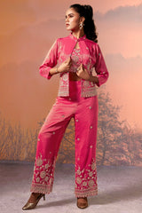 Pink Tissue Silk Crop Top Palazzo Set with Sequin Beaded Jacket