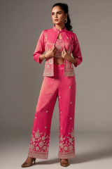 Pink Tissue Silk Crop Top Palazzo Set with Sequin Beaded Jacket