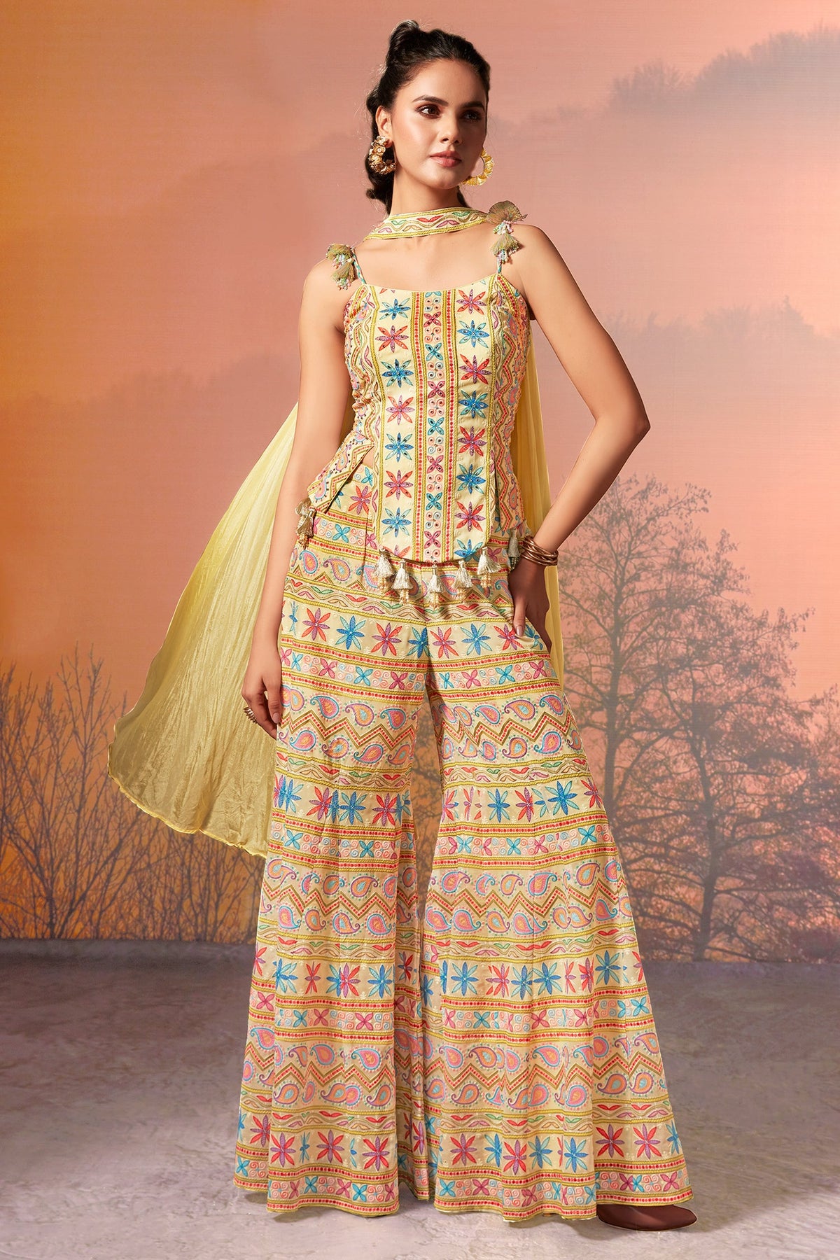 Light Yellow Georgette Embroidered Palazzo Suit