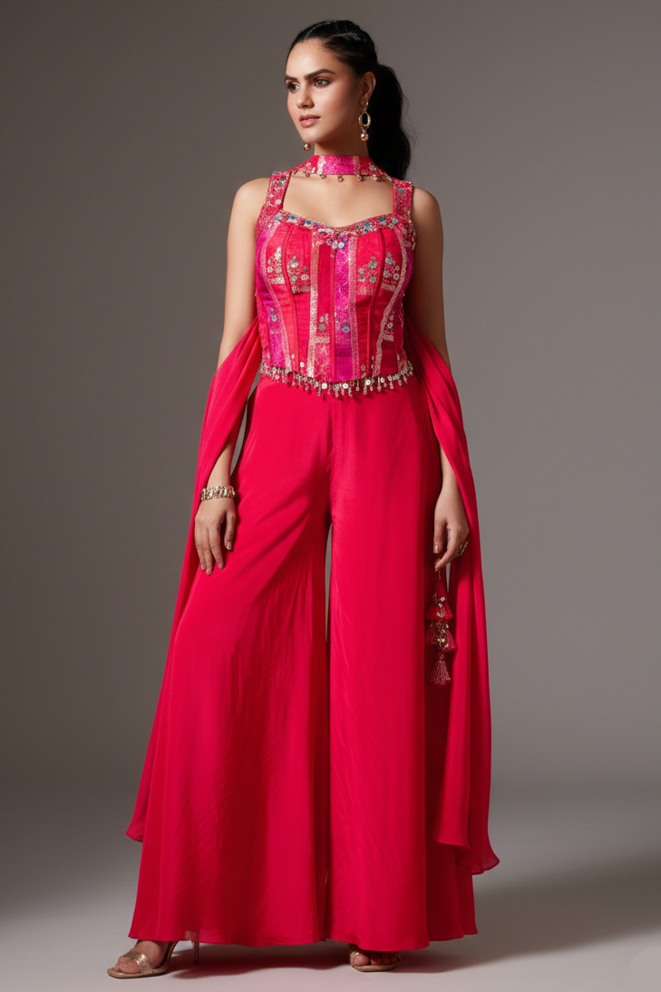 Pink Crepe Silk Woven Corset Palazzo Set