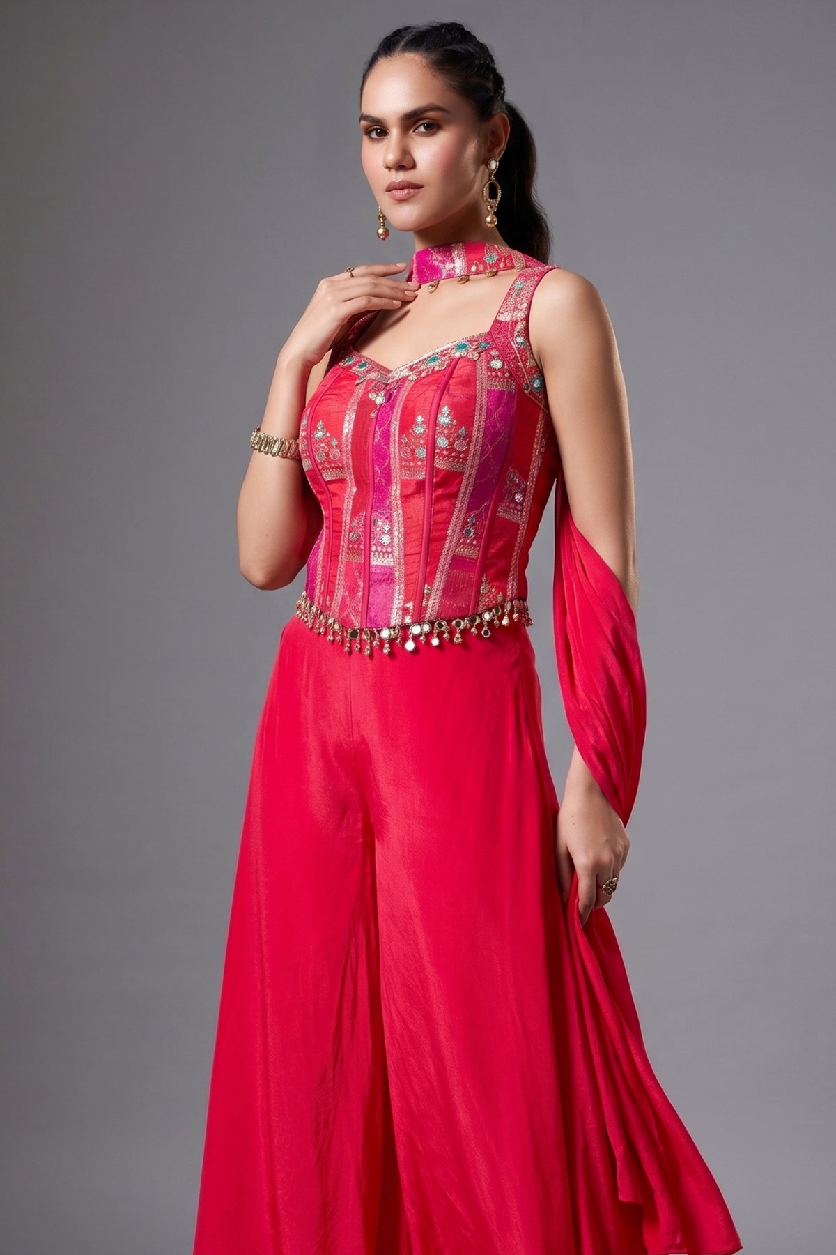 Pink Crepe Silk Woven Corset Palazzo Set