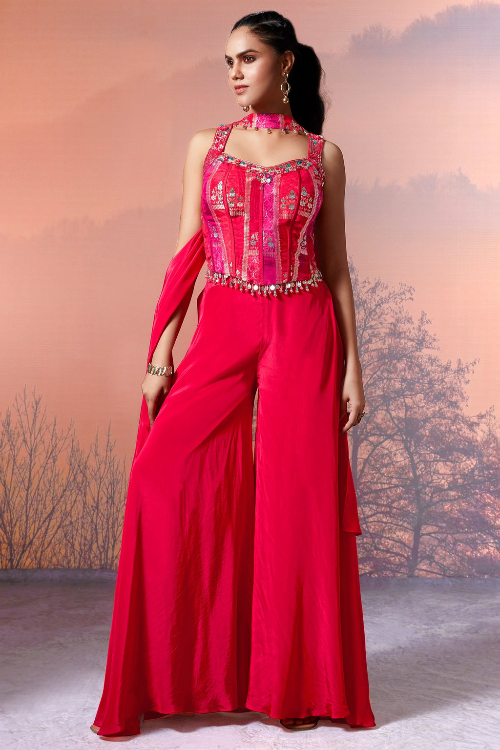 Pink Crepe Silk Woven Corset Palazzo Set