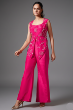 Pink Crepe Satin Silk Sequins Cutdana Work Crop Top Palazzo Set with Jacket
