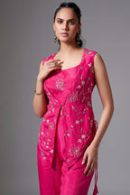 Pink Crepe Satin Silk Sequins Cutdana Work Crop Top Palazzo Set with Jacket