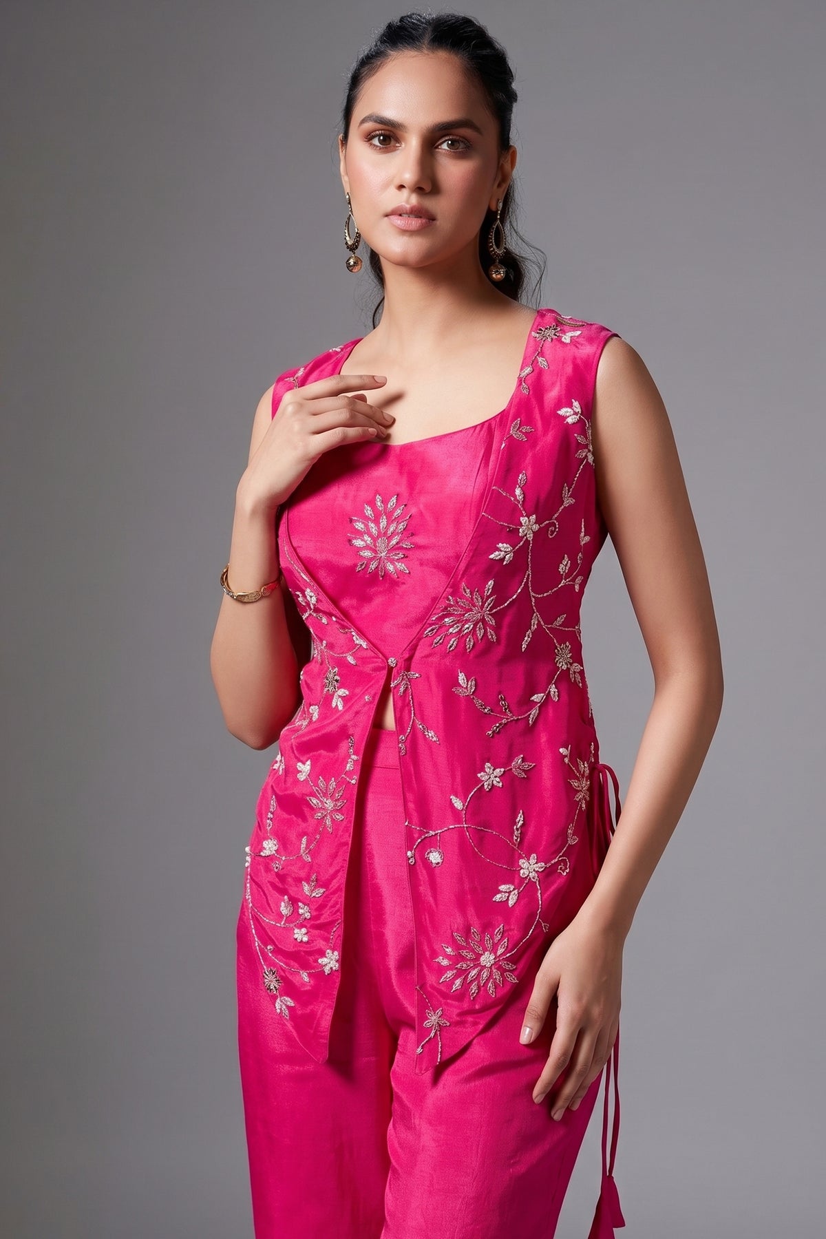 Pink Crepe Satin Silk Sequins Cutdana Work Crop Top Palazzo Set with Jacket