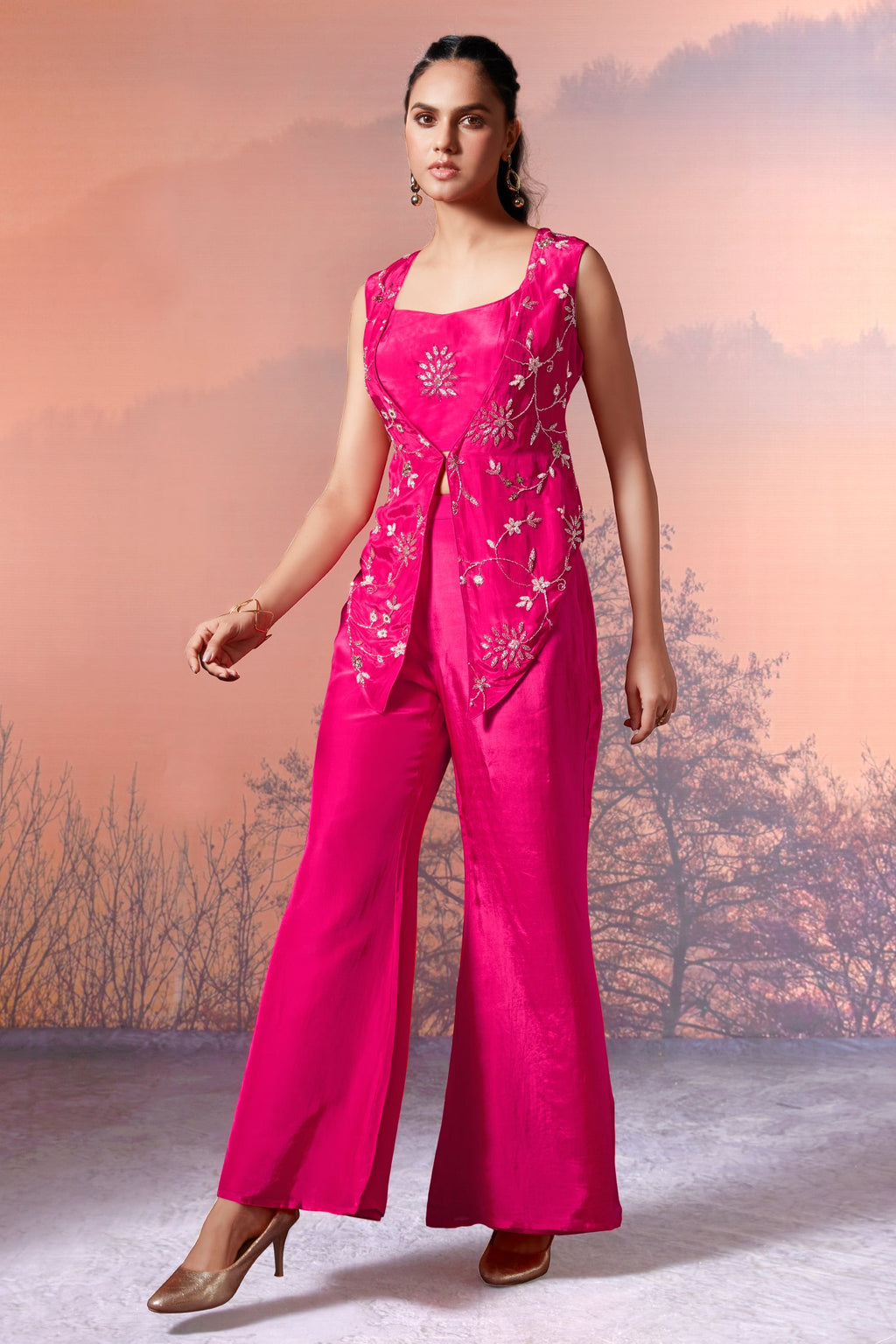 Pink Crepe Satin Silk Sequins Cutdana Work Crop Top Palazzo Set with Jacket