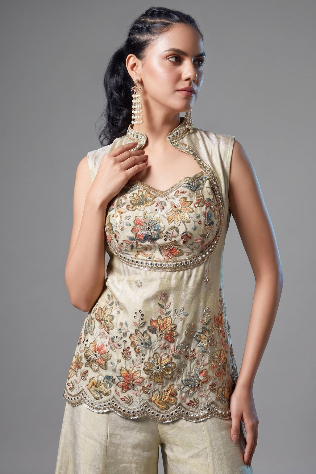 Cream Tissue Silk Sequins Cutdana Work Palazzo Suit