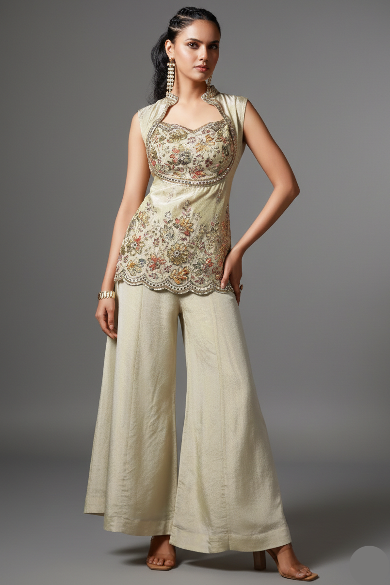 Cream Tissue Silk Sequins Cutdana Work Palazzo Suit