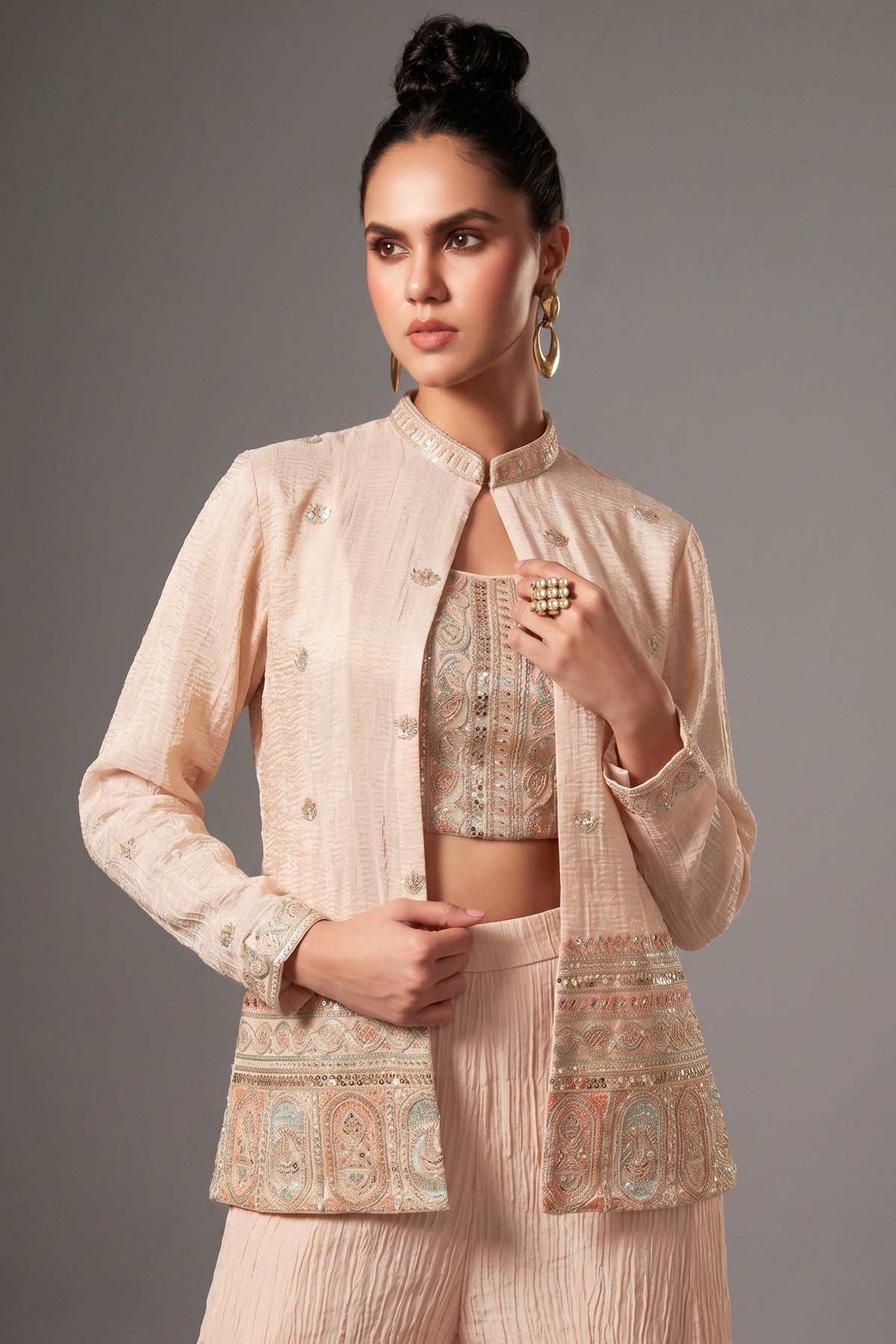 Cream Chinon Sequin Embroidered Crop Top Palazzo Set with Jacket