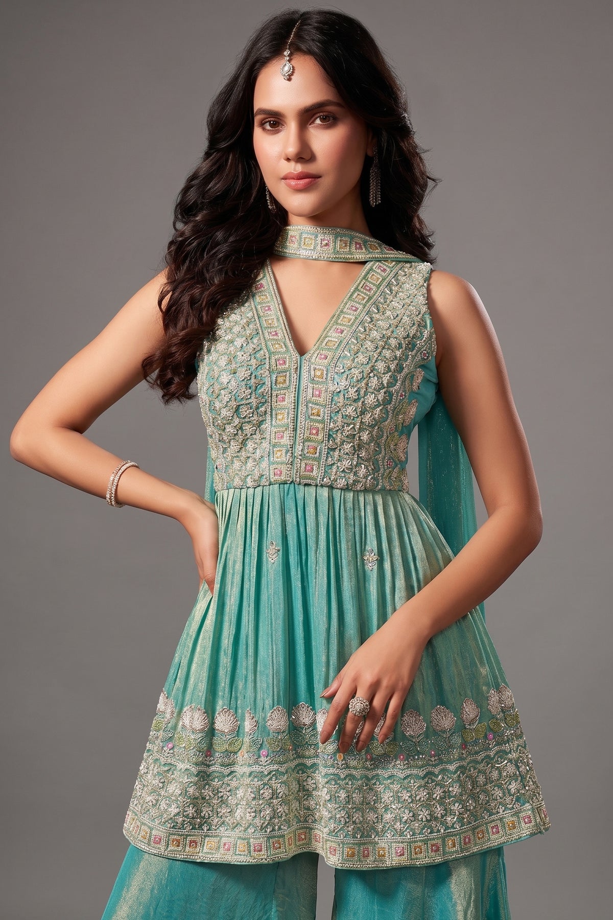 Aqua Green Tissue Silk Cutdana Worked Palazzo Suit