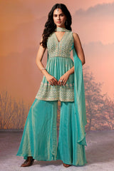 Aqua Green Tissue Silk Cutdana Worked Palazzo Suit