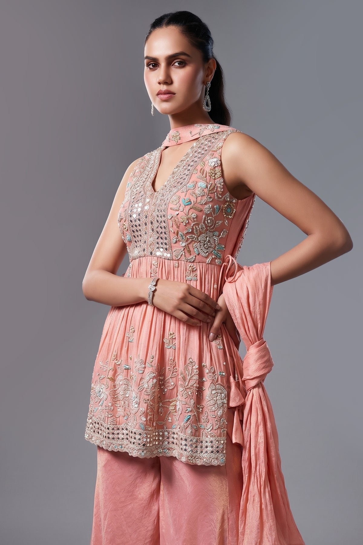 Peach Tissue Silk Cutdana worked Palazzo Suit
