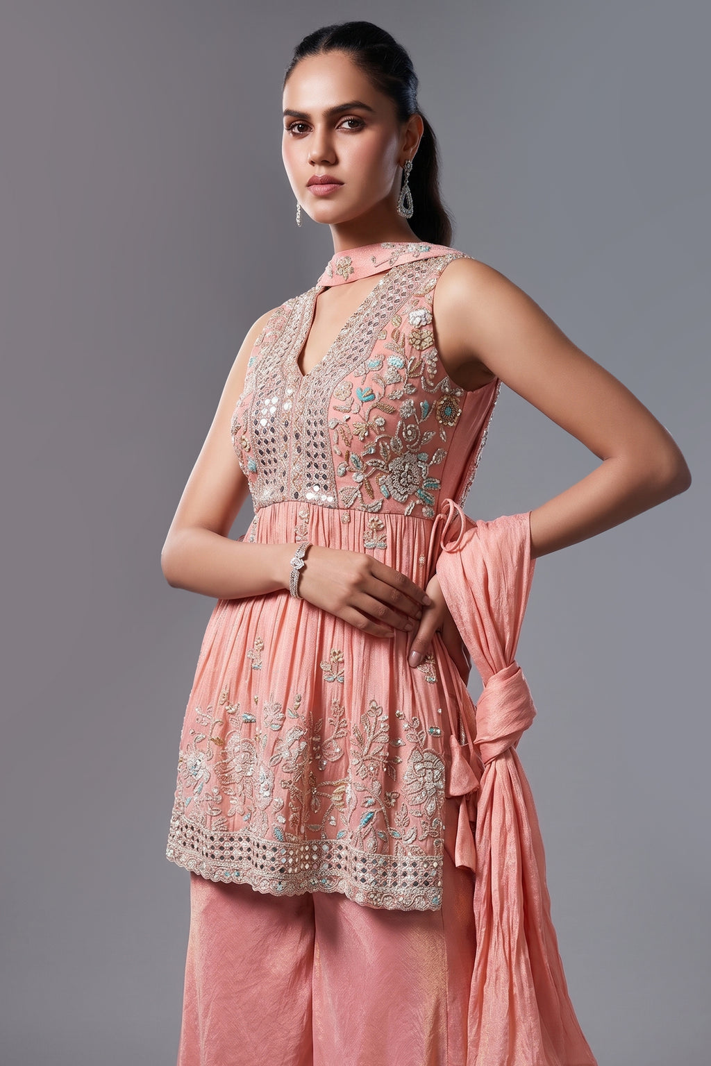 Peach Tissue Silk Cutdana worked Palazzo Suit
