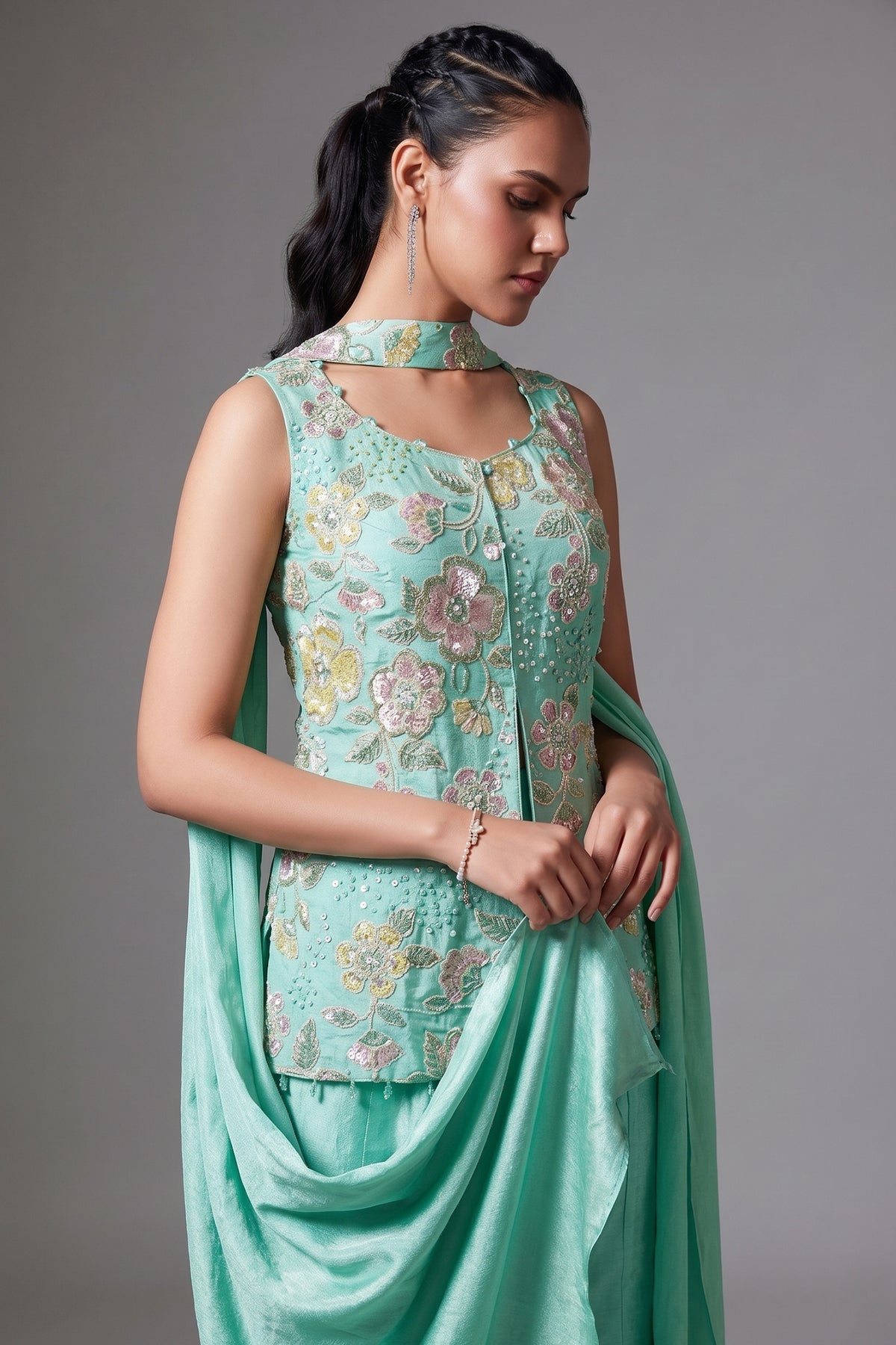 Light Sea Green Tissue Silk Sequins Cutdana Work Floral Motif Palazzo Suit