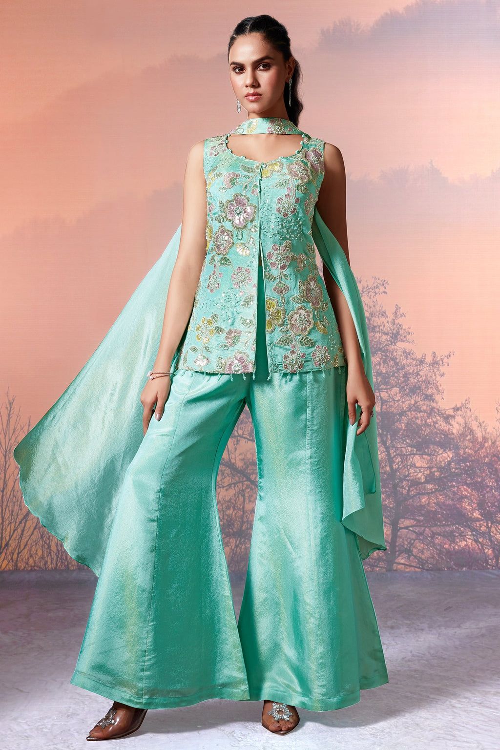 Light Sea Green Tissue Silk Sequins Cutdana Work Floral Motif Palazzo Suit