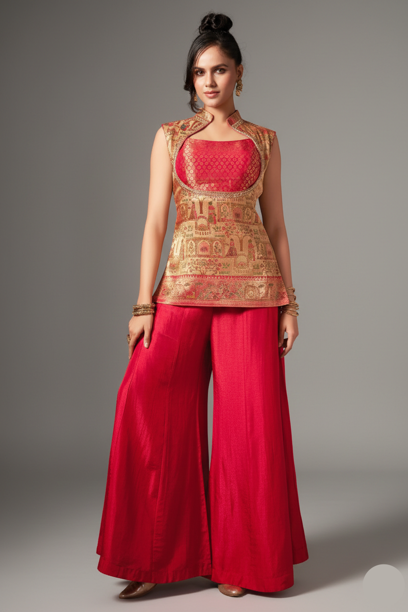 Beige Dola Silk Printed Straight Cut Palazzo Suit