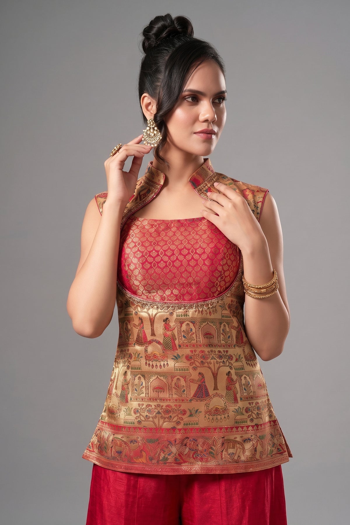Beige Dola Silk Printed Straight Cut Palazzo Suit