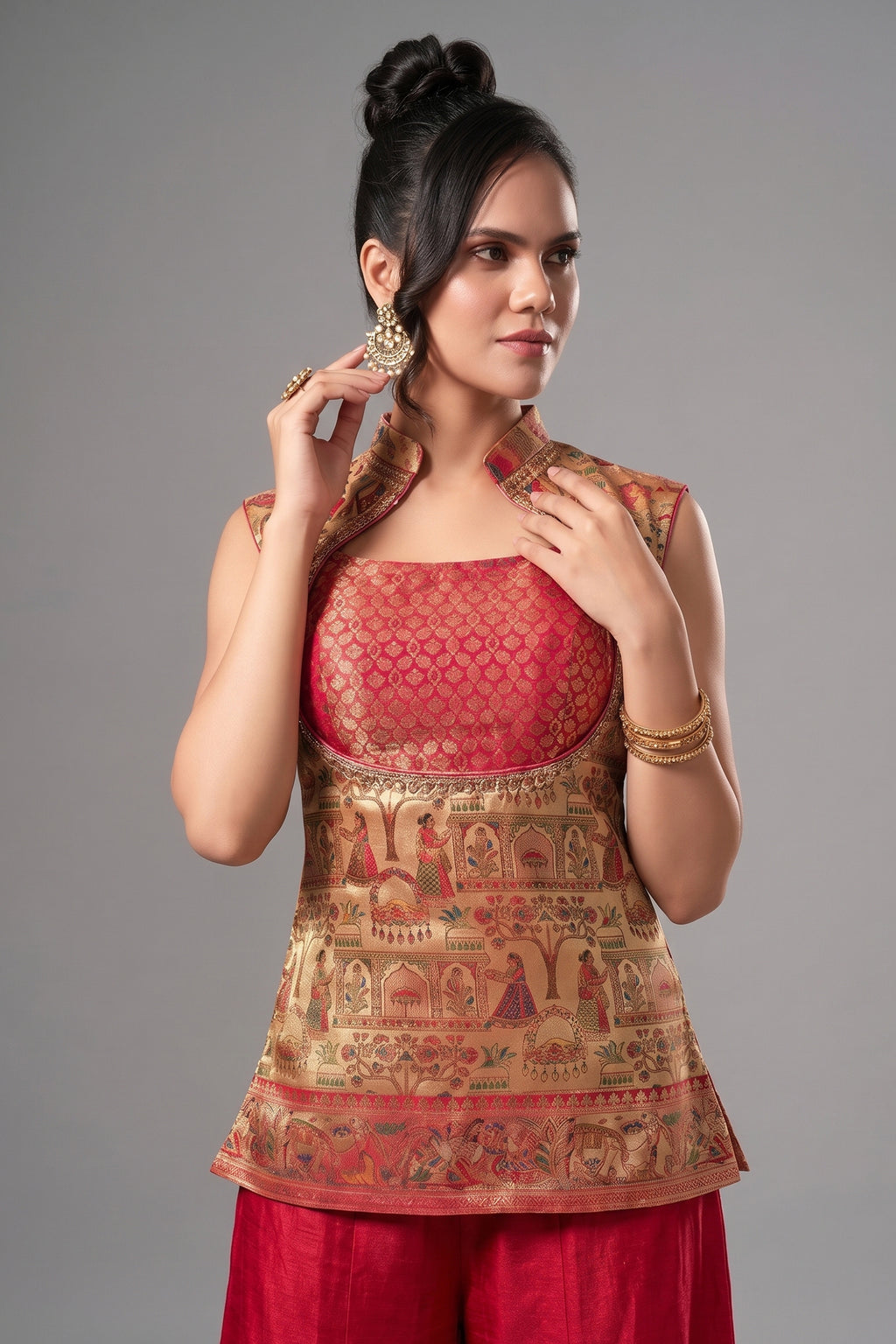 Beige Dola Silk Printed Straight Cut Palazzo Suit