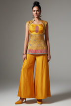 Yellow Dola Silk Elephant and Bird Motif Top and Palazzo Set