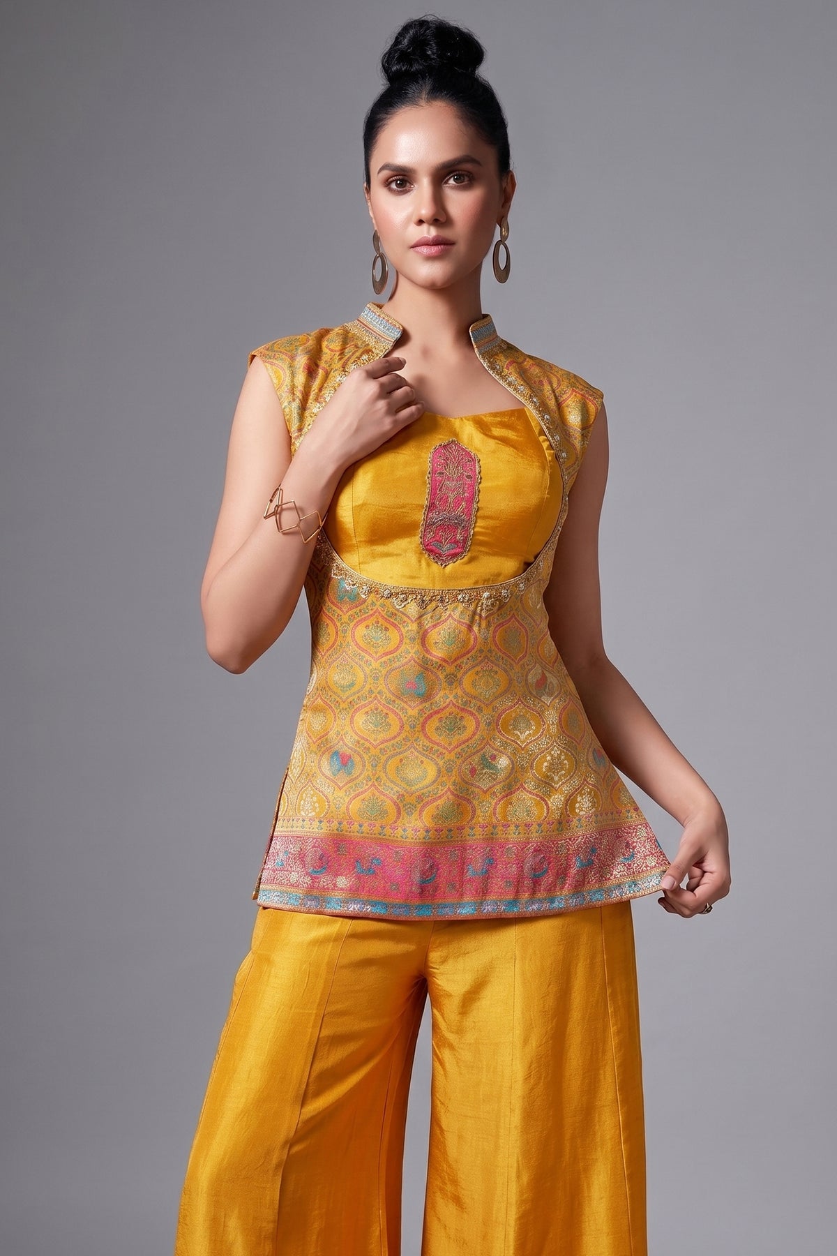 Yellow Dola Silk Elephant and Bird Motif Top and Palazzo Set