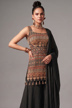 Black Modal Silk Ajrakh Printed Straight Cut Palazzo Suit