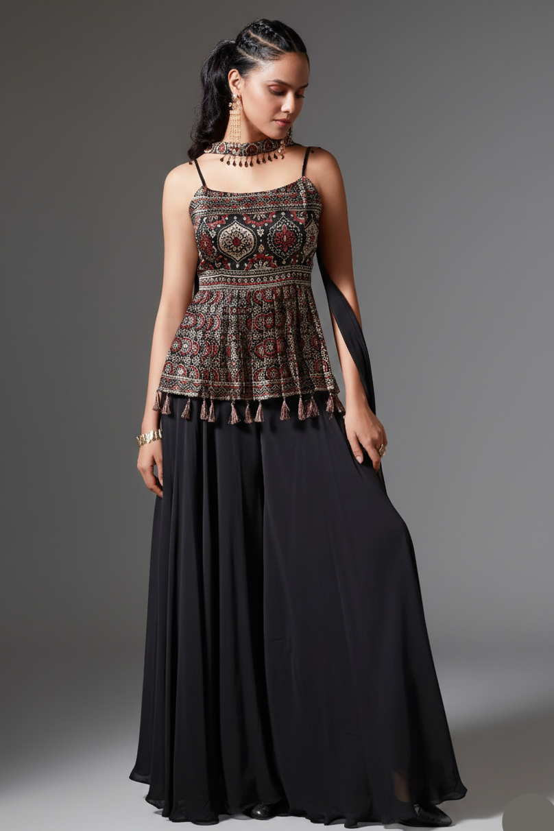 Black Modal Silk Ajrakh Printed Peplum Style Palazzo Suit