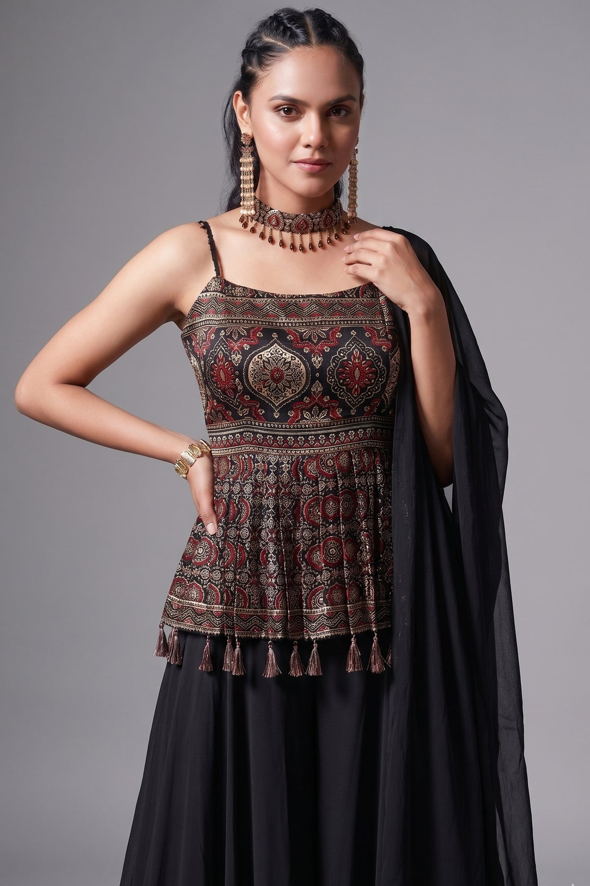 Black Modal Silk Ajrakh Printed Peplum Style Palazzo Suit