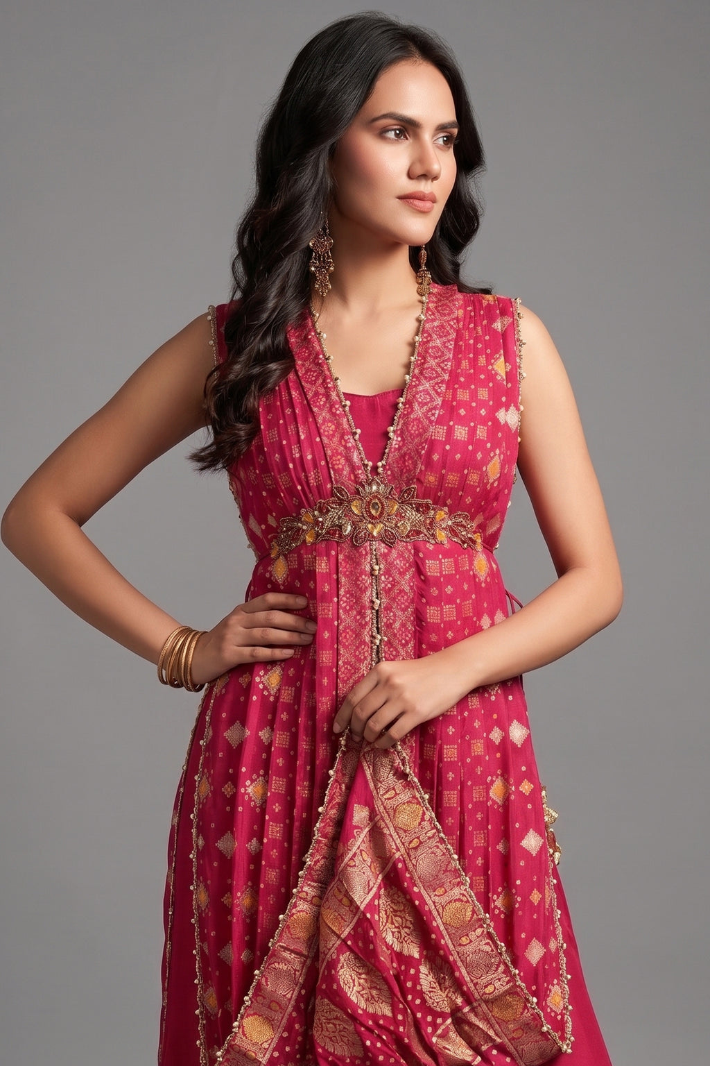 Rani Pink Silk Bandhej Palazzo Set with Bead Work
