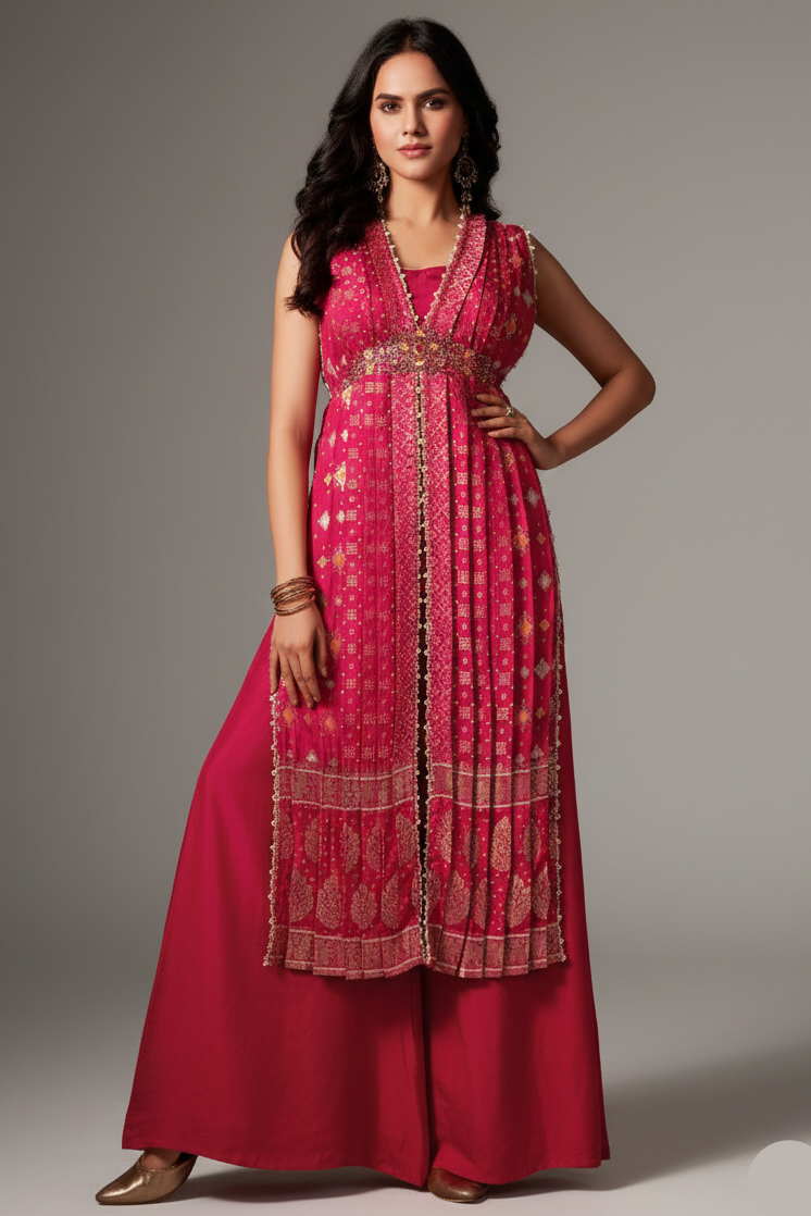 Rani Pink Silk Bandhej Palazzo Set with Bead Work