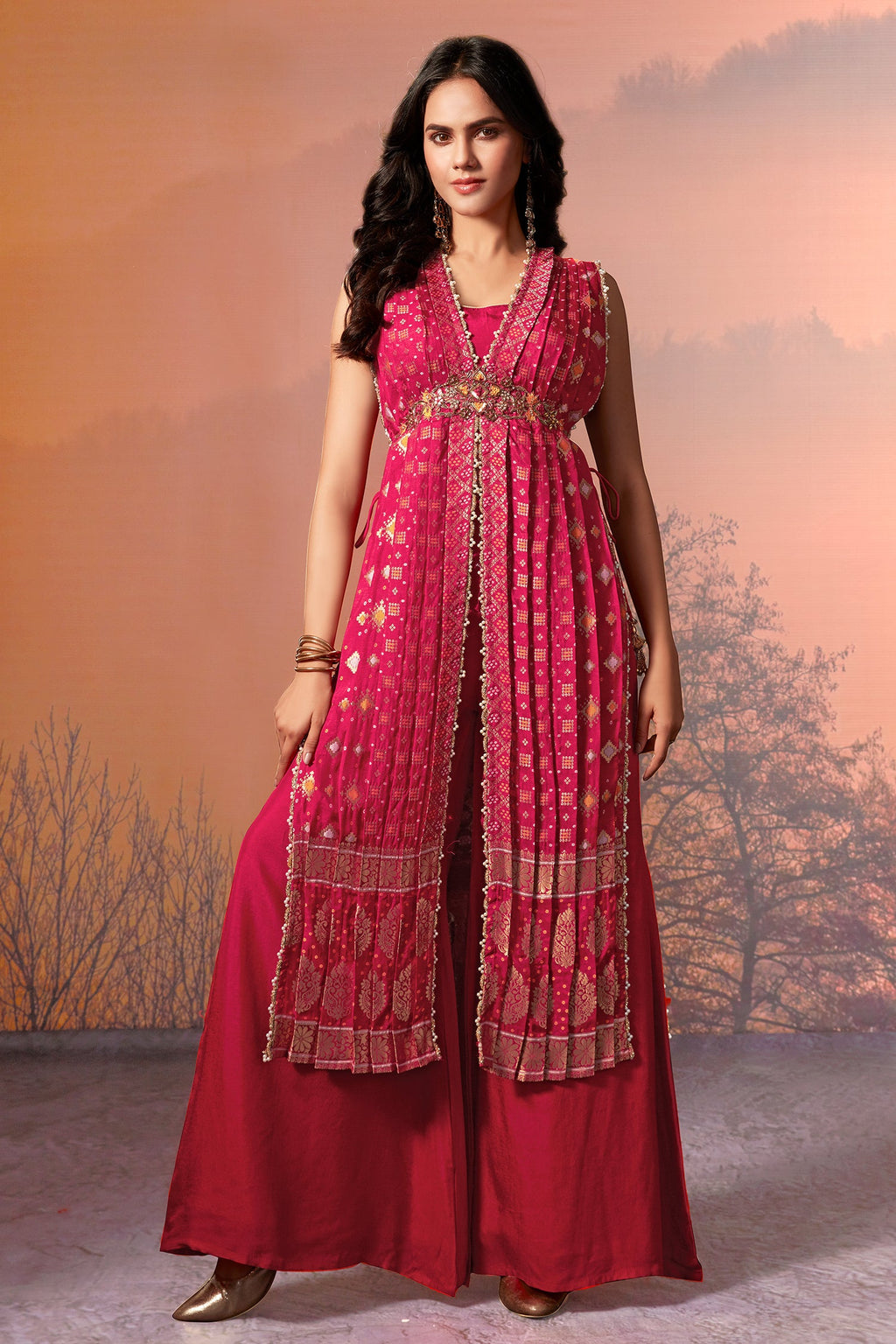 Rani Pink Silk Bandhej Palazzo Set with Bead Work