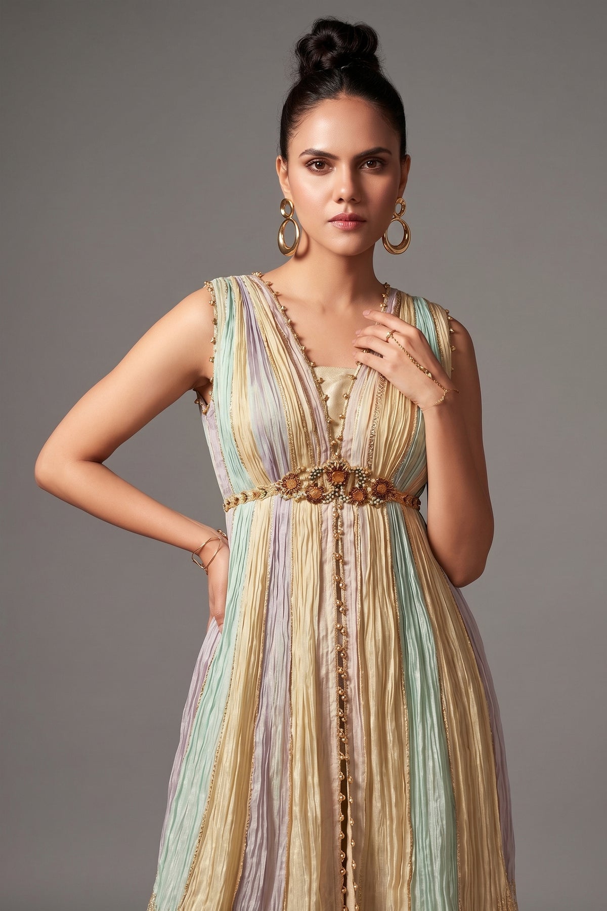 Multi Colored Chinon Crepe Silk Woven Kaftan Style Palazzo Set