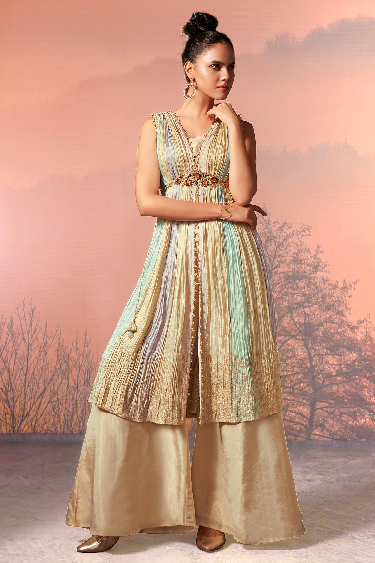 Multi Colored Chinon Crepe Silk Woven Kaftan Style Palazzo Set
