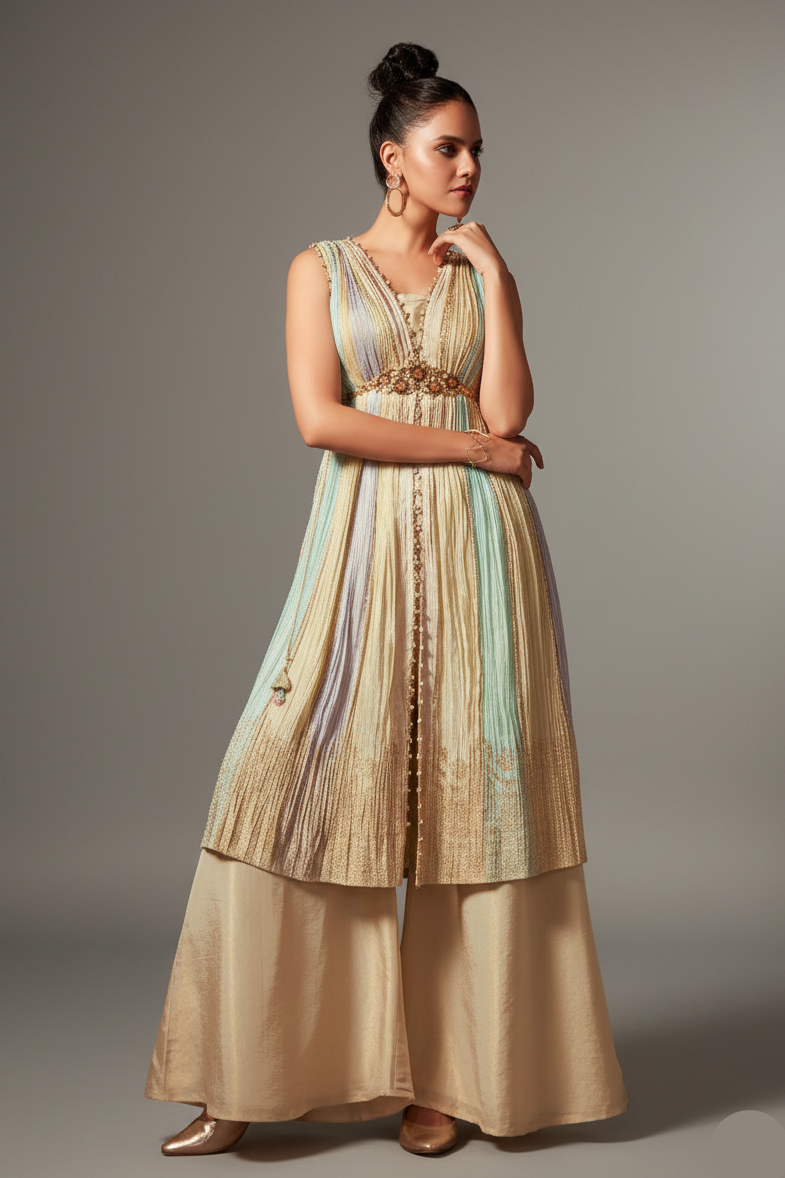 Multi Colored Chinon Crepe Silk Woven Kaftan Style Palazzo Set
