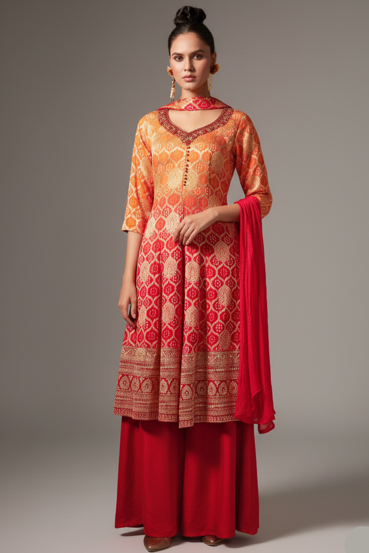 Yellow and Red Georgette Bandhej Woven Palazzo Suit