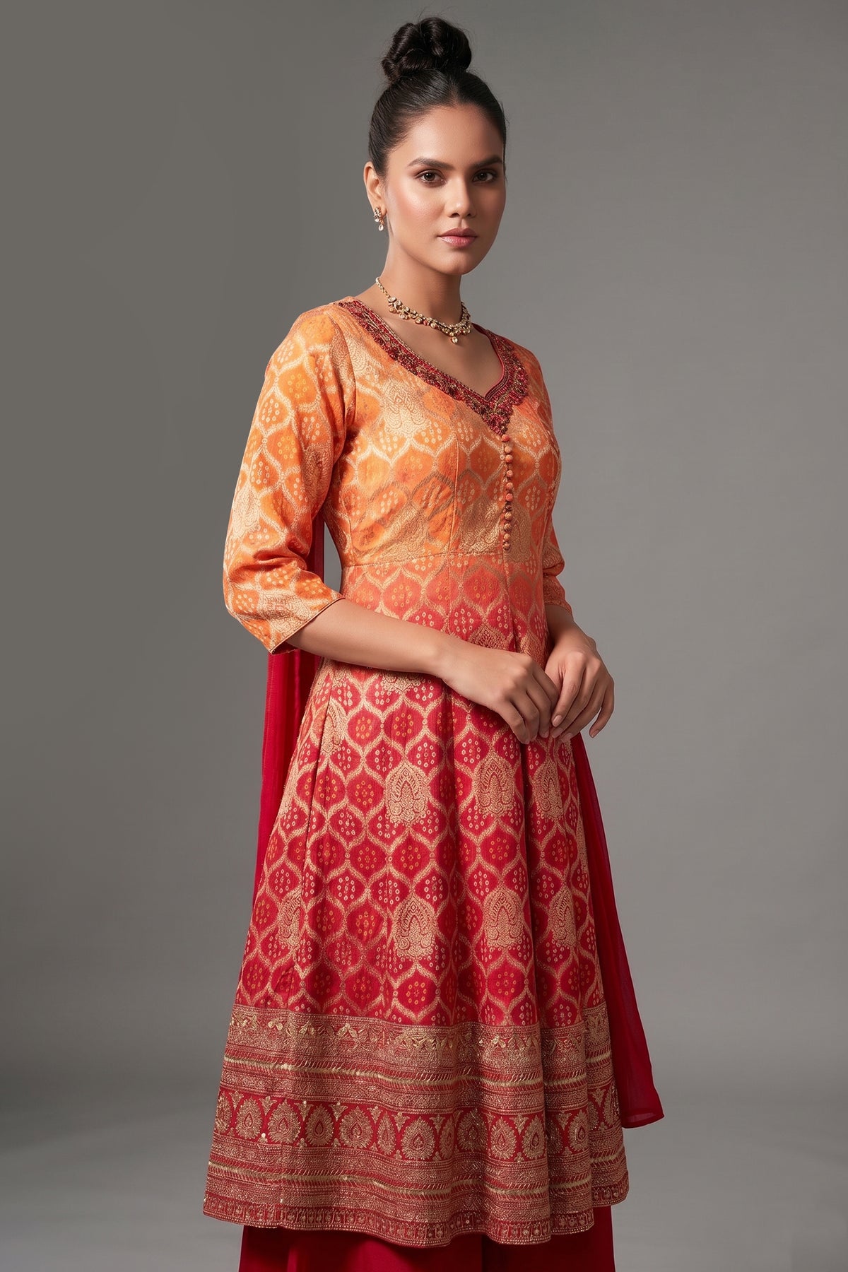 Yellow and Red Georgette Bandhej Woven Palazzo Suit