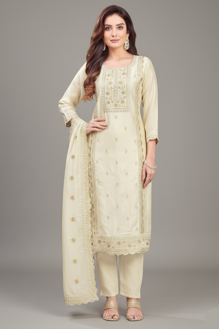 Cream Art Silk Sequins Embroidered Straight Cut Suit