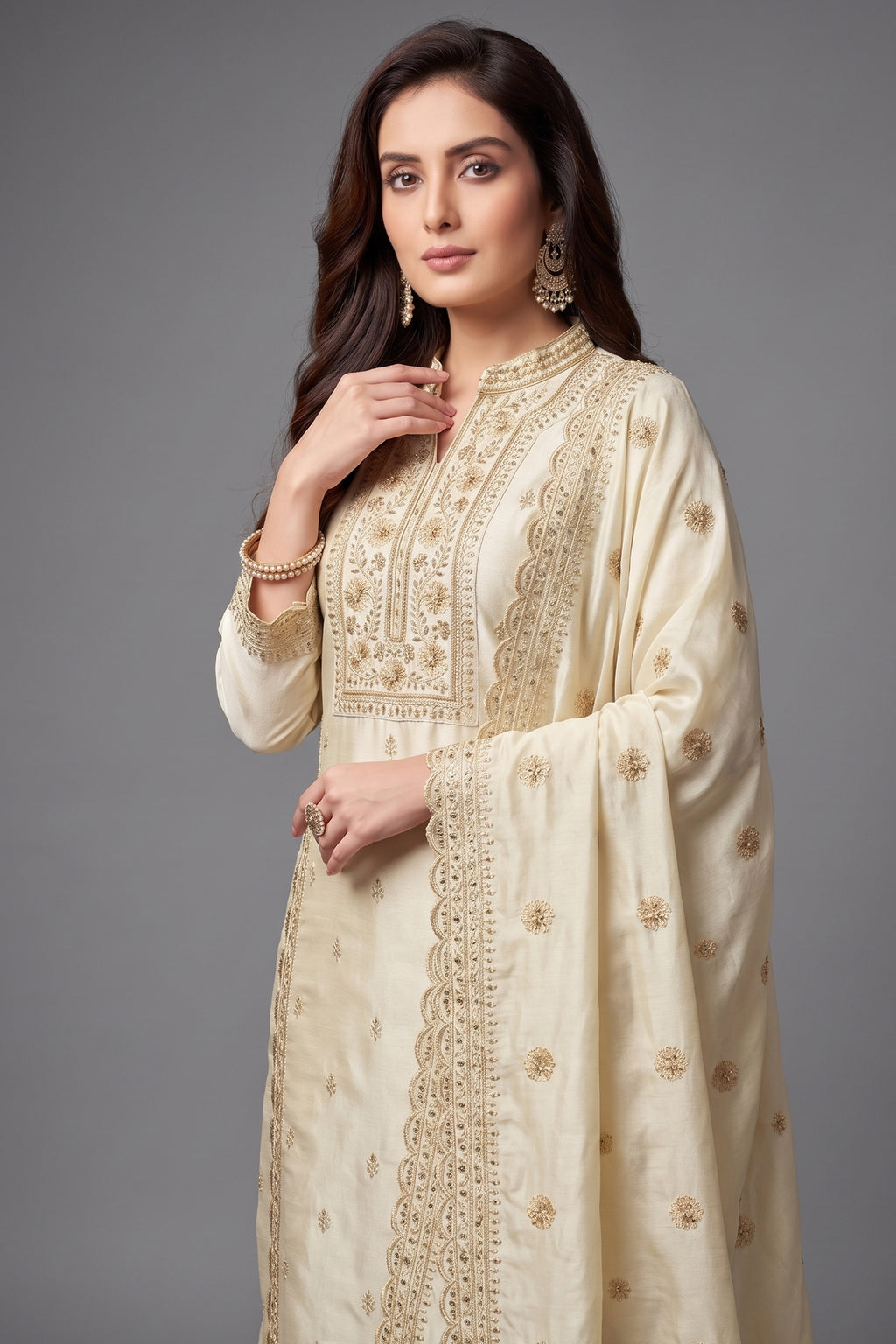 Cream Art Silk Sequins Embroidered Straight Cut Suit