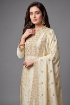 Cream Art Silk Sequins Embroidered Straight Cut Suit