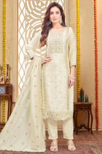 Cream Art Silk Sequins Embroidered Straight Cut Suit