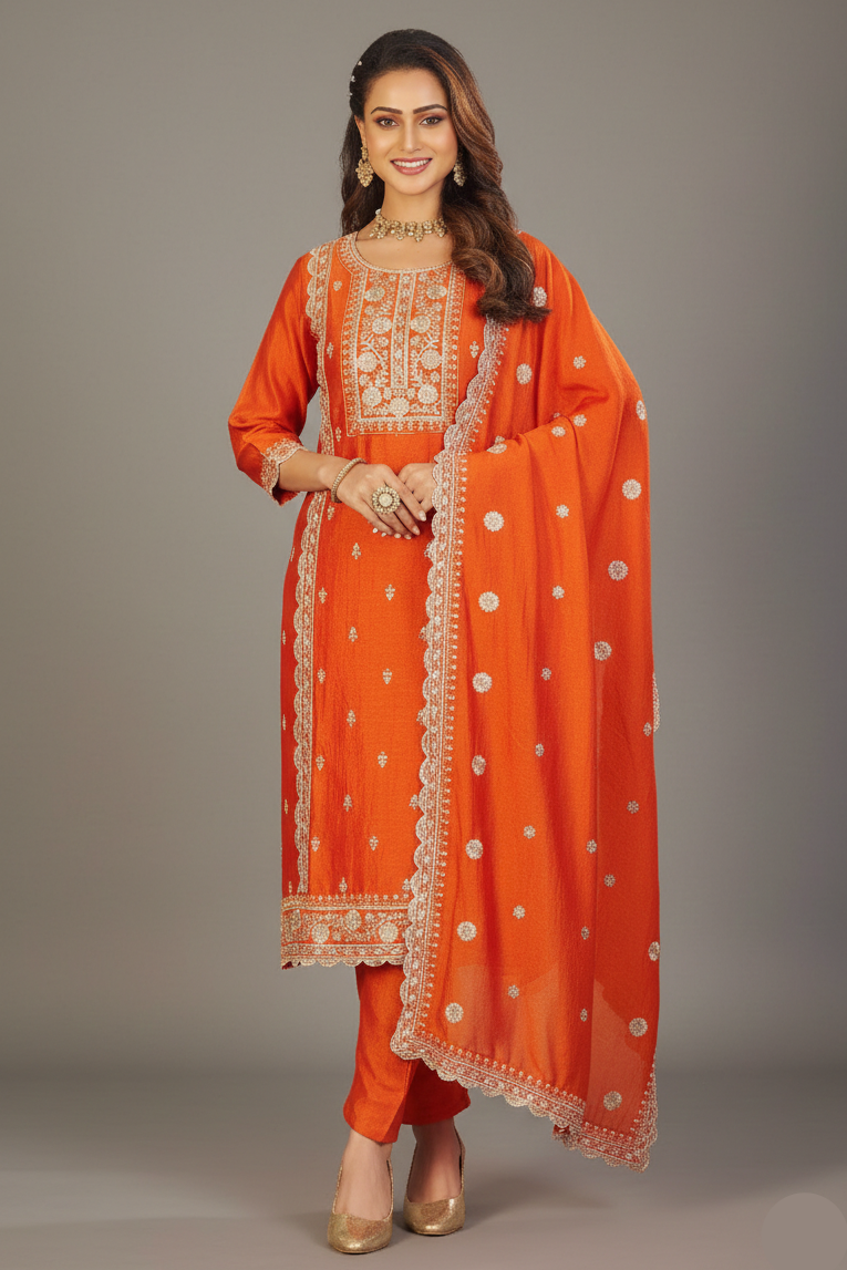 Orange Art Silk Sequin Embroidered Straight Cut Suit